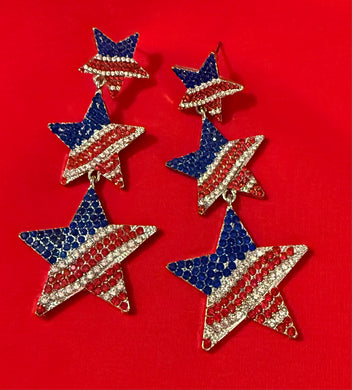 American Flag Star Dangle  Earrings- Silver or Gold.