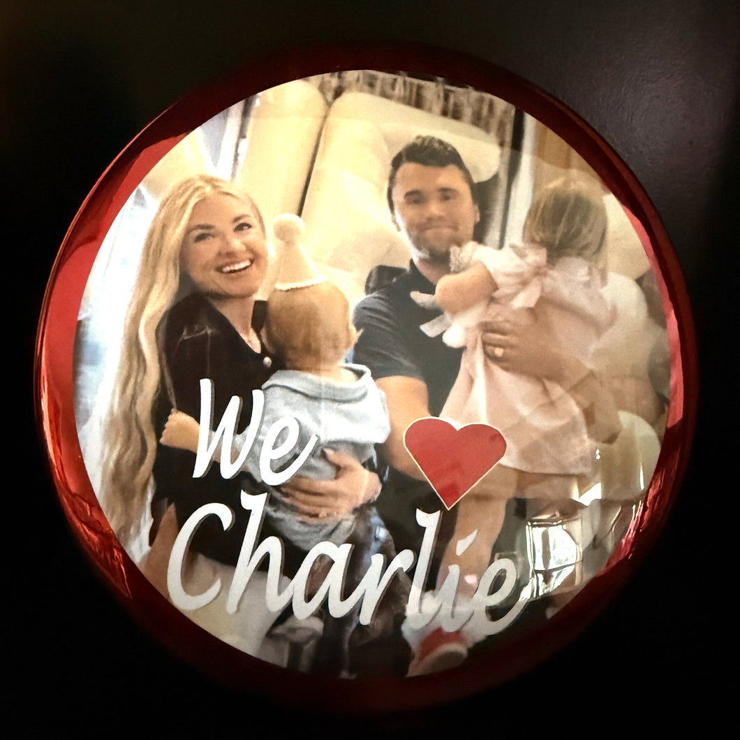 Charlie Kirk Family 6” pin - can be worn as pin or eisle on back for standing. Available  at TrumpGirl.com
