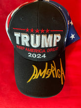 Load image into Gallery viewer, Hats - Signature “Keep America Great 2024”- American Flag Pattern Black ( 3 colours- Available @ TrumpGirl.com