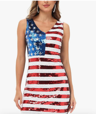 Very Chic Sequin patriotic short sleeve mini dress !