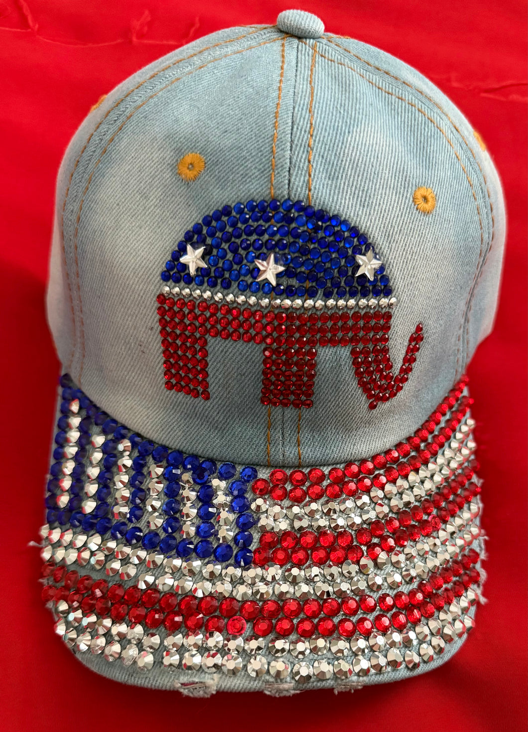 A beauty in bling! Republican Elephant & American Flag Theme in Rhinestones. Jean material. Available for purchase at TrumpGirl.com