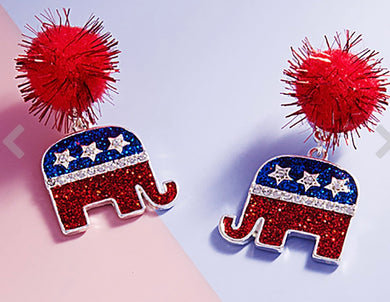 Pom Pom Glittered Republican Elephant Earrings!