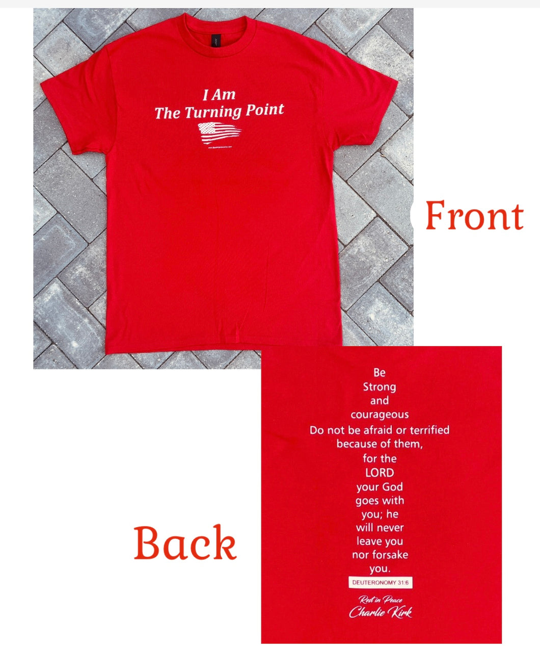Celebrate the life of Charlie Kirk & The blessing he created founder of “Turning Point. Red unisex crew neck . Front & back print . The back quotes a beautiful Bible verse. Available @ TrumpGirl.com