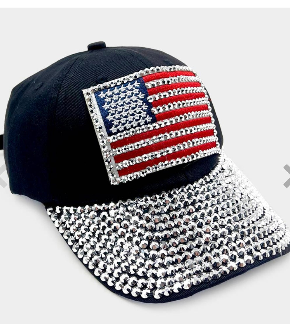 American Flag Bling Hat- Black