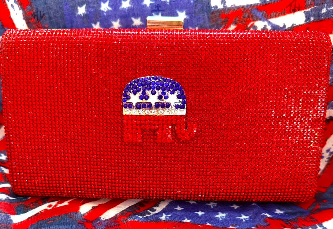 Gorgeous Red Rhinestone Clutch/Crossbody. Embellished with crystal patriotic Elephant.