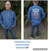 Load image into Gallery viewer, A Great Jean Jacket /Shirt. “Veterans For Trump “🇺🇸 Available For Purchase @ Trump-Girl.com