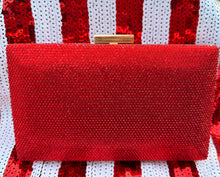 Load image into Gallery viewer, Stunning Red Crystal Clutch Handbag. Embellished with a beautiful red, white, &amp; blue crystal elephant. Chain included for shoulder wear.