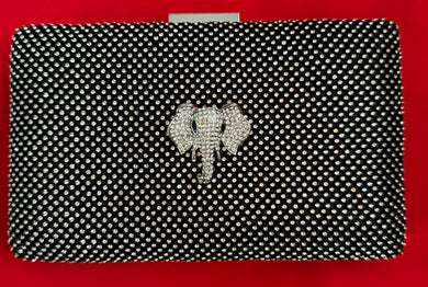 Black / Silver Crystal Clutch/ Handbag. Chain Included For Shoulder Wear. Embellished with a Small Silver Elephant.