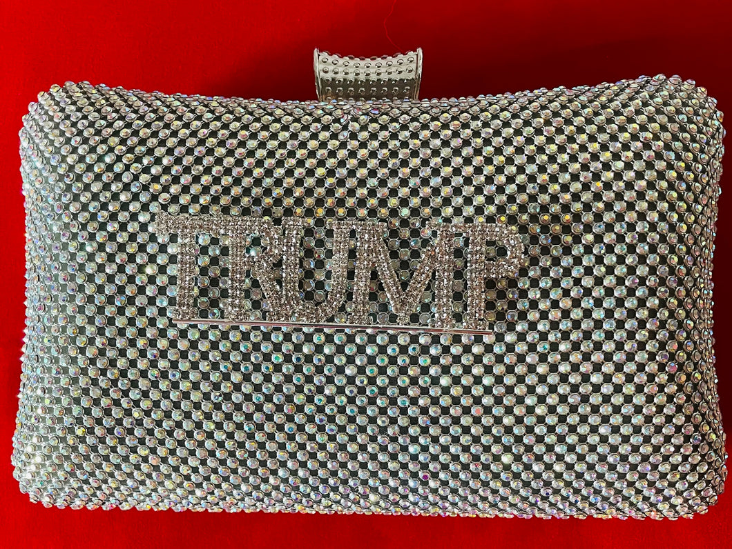Silver Rhinestone Rectangular Clutch Embellished with TRUMP