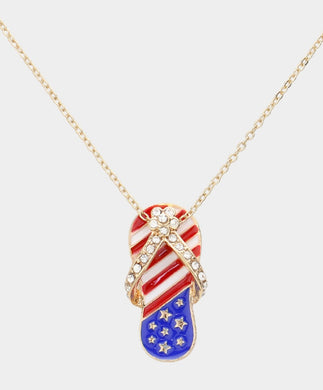 Stone Paved American USA Flag Flip Flops Pendant Necklace - Silver
