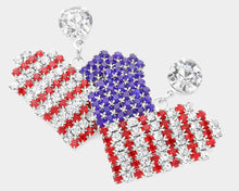 Load image into Gallery viewer, American USA Flag Rhinestone Pave Heart Dangle Earrings Gold or Silver .