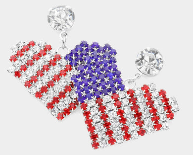 American USA Flag Rhinestone Paved Heart Dangle Earrings Gold or Silver .