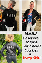 Load image into Gallery viewer, GORGEOUS Black Fully
Sequined Jacket.
Embellished Rhinestone
MAGA! Rib cuffs &amp; collar for comfortable wear.
Versatile Apparel Wear For Dressy Or Casual Wear! A Show Stopper!
Available @
TrumpGirl.com
