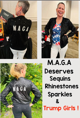 GORGEOUS Black Fully
Sequined Jacket.
Embellished Rhinestone
MAGA! Rib cuffs & collar for comfortable wear.
Versatile Apparel Wear For Dressy Or Casual Wear! A Show Stopper!
Available @
TrumpGirl.com