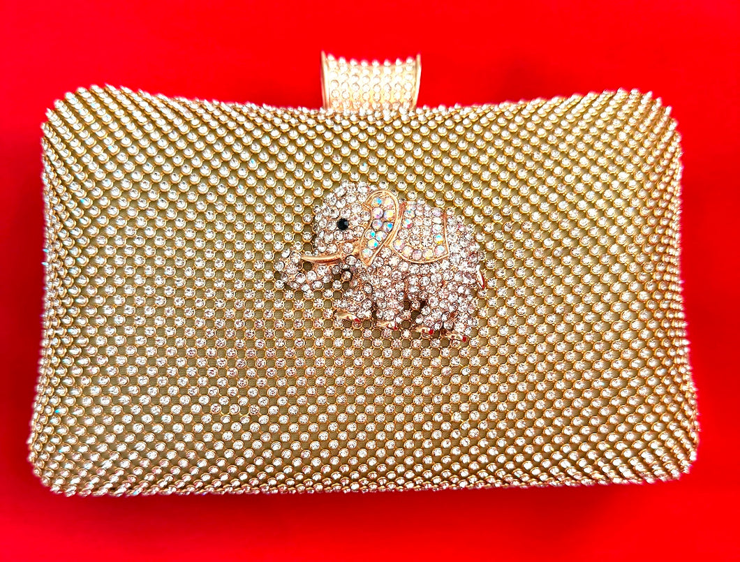 Gold Crystal Clutch or Cross Body Handbag . Embellished with  Gold Elephant.