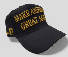 Load image into Gallery viewer, Black- with gold embroidered Make America Great Again Hat - with 45- 47 on side . Just like President Trump wears !