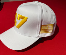 Load image into Gallery viewer, Celebrate the 47th President with the hat 47 -flag on one side &amp; turning point logo on other - white or red color choice . Available @ TrumGirl.com