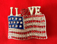 Load image into Gallery viewer, I❤️🇺🇸 Pin ( Sitting atop a rhinestone flag) Choice of gold or silver.