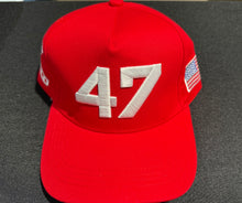 Load image into Gallery viewer, Celebrate the 47th President with the hat 47 -flag on one side &amp; turning point logo on other - white or red color choice . Available @ TrumGirl.com