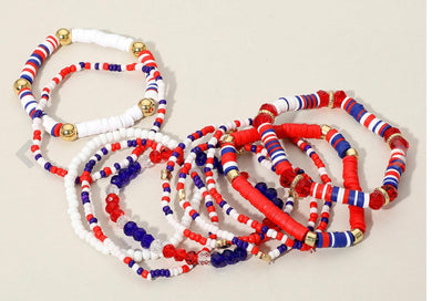 10PCS - American USA Star Beaded Stretch Multi Layered Bracelets
