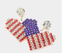 Load image into Gallery viewer, American USA Flag Rhinestone Pave Heart Dangle Earrings Gold or Silver .