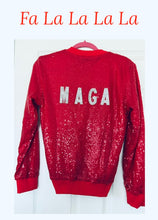 Load image into Gallery viewer, GORGEOUS Black or Red 
Sequined Jacket.
Embellished Rhinestone
MAGA! Rib cuffs &amp; collar for comfortable wear.
Versatile Apparel Wear For Dressy Or Casual Wear! A Show Stopper!
Available @
TrumpGirl.com
