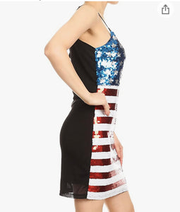 Patriotic spaghetti sleeve sequin dress look